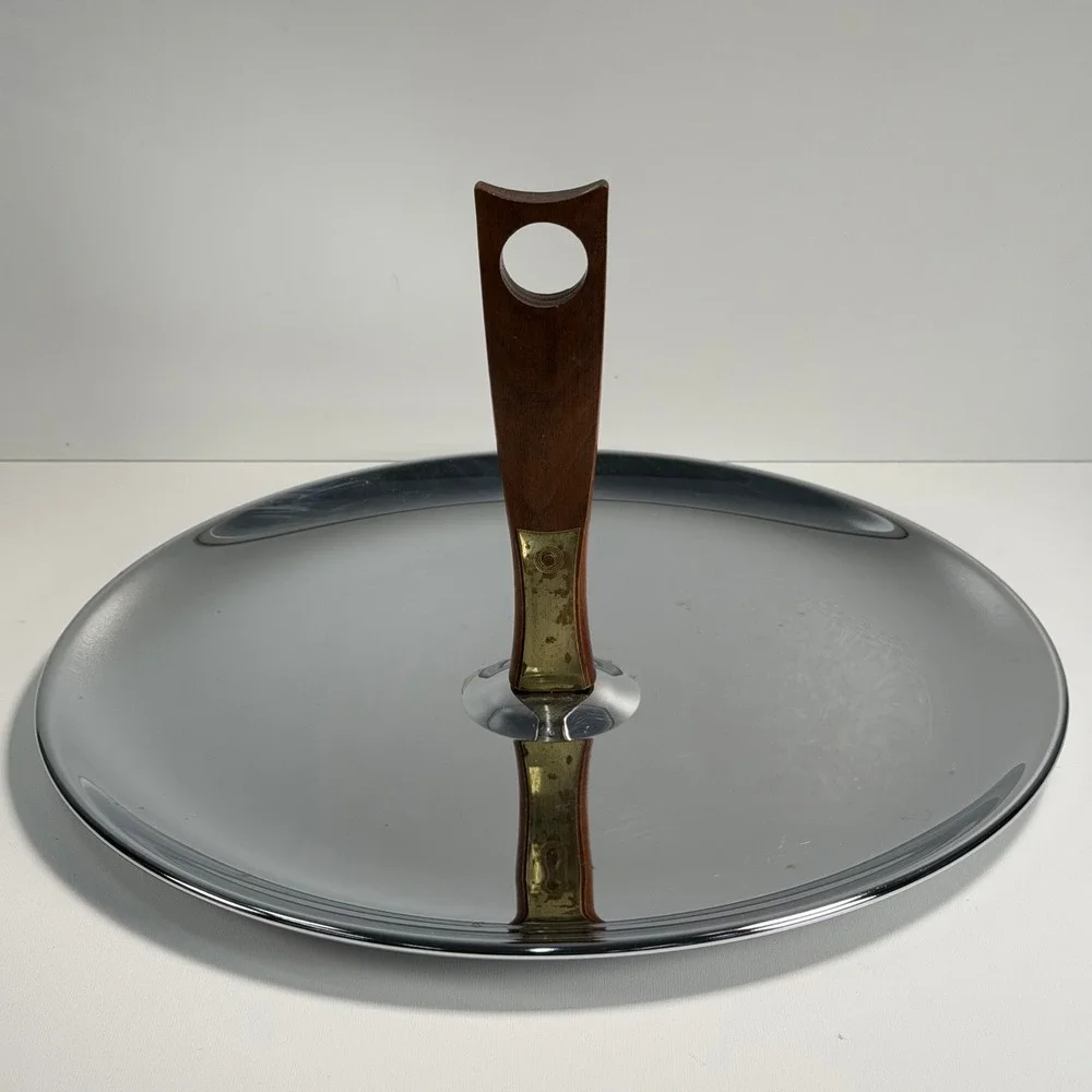 Vintage Kromex Serving Dish Tray MCM Cosmic Wood Brass Chrome‎ Silver Dinnerware